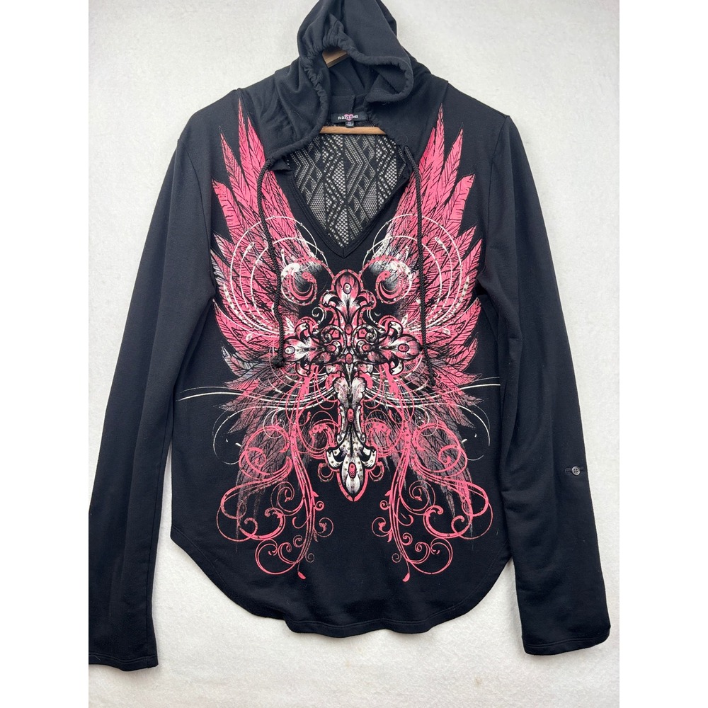 Ransom Hooded Top Womens XL Rhinestone Cross Lace Up Goth Punk